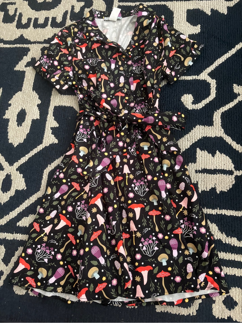 Girls Black Mushroom-Print Wrap Dress with Tie Waist